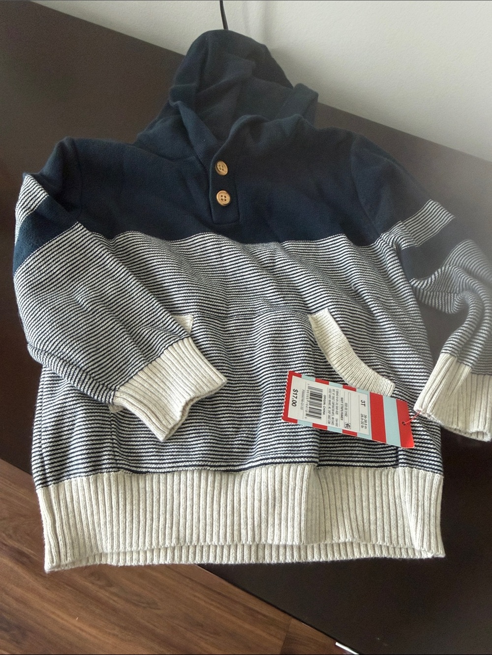 Cat & Jack Navy and Cream Hooded Stripe Sweater